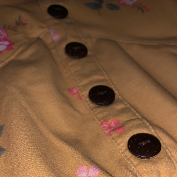 •Strapless Mini Dress, Mustard W/Floral Pattern, Contrasting Buttons, Stretchy• - Picture 2 of 5